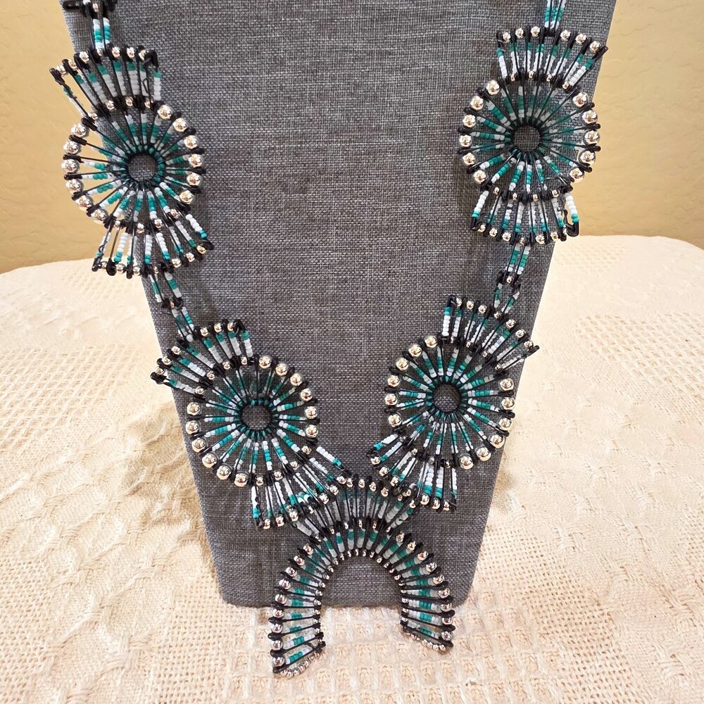 Vintage Squash Blossom Turquoise White Black Handmade Beaded Safety Pin Necklace - Picture 8 of 14